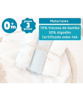Set de 3 muselinas sky Kiokids 70x70cm para bebé en Silbetika