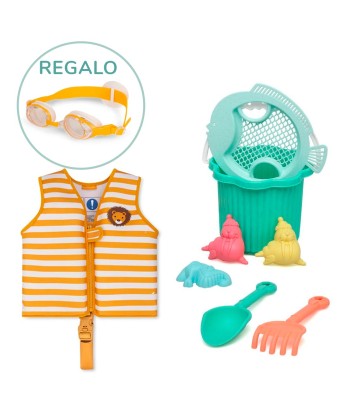 Pack Chaleco León, gafas y cubo de playa